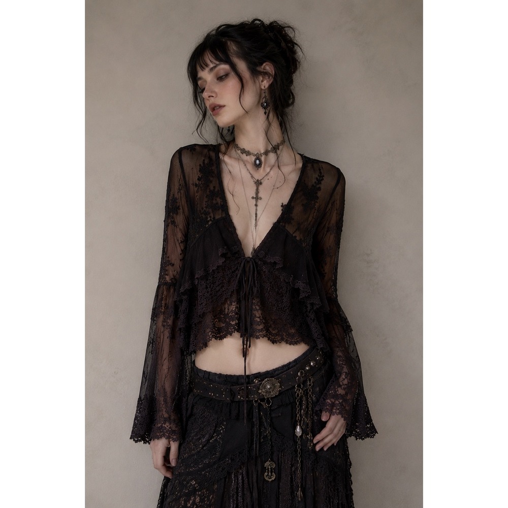 Y2K Fairycore Whimsigoth Boho Sheer Lace Mesh Black Crop Top Bell Sleeve M - Picture 2 of 7